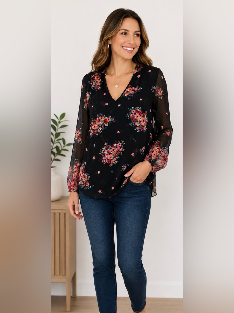 191 CAbi Black Sheer Floral V-Neck Blouse